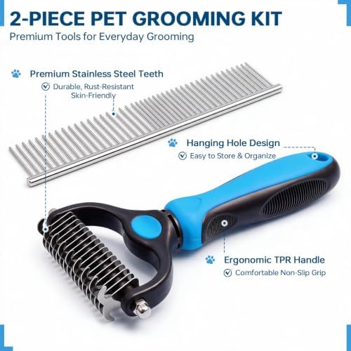 Pet Grooming Comb, Deshedding Dog Brush & Undercoat Rake, Blue