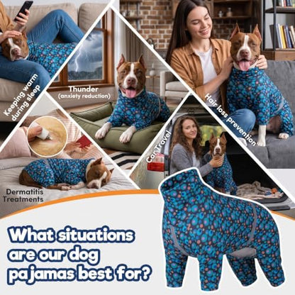LovinPet PJS Dog Jumpsuit, Wound Care/Surgical Recovery Dog Pajamas, Anxiety Relief Shirt, Pitbull Clothes, Pajamas for Pitbulls, Reflective Stripe Green Bubble Print, Green, XL