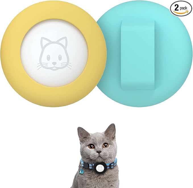 SimpleThings Compatible with Airtag Cat Collar Holder, Small Collar Holder Compatible with Apple Air Tag GPS Tracker, 2Pack Waterproof Case Cover for Cat Dog Pet Collar Within 3/8 inch (Teal&Yellow)