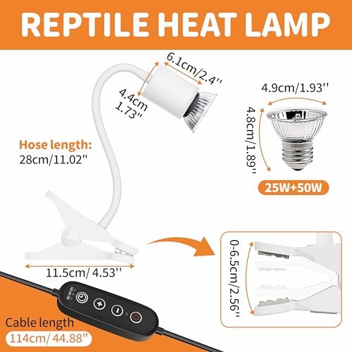 GOZILLA Reptile Heat Lamp, Turtle Lamp with 360° Goose Neck Rotatable Timing & Dimming Cycle Timer, 25W+50W UVA/UVB Reptile Light Bulbs for Reptiles and Amphibian Tanks, Terrariums and Cages.(White)