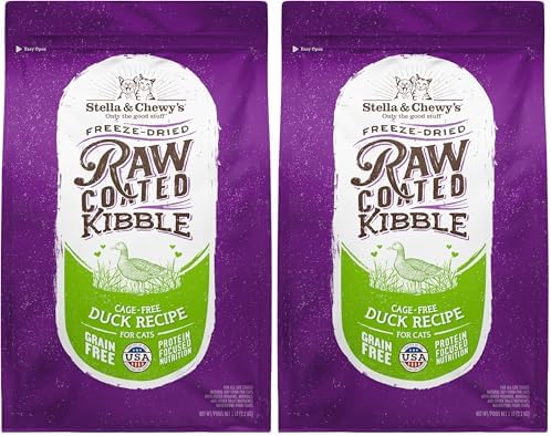Stella & Chewy's Raw Coated Cat Food - High Protein, Grain-Free Kibble with Cage-Free Duck - Premium Digestive Support with Probiotics - All Natural Small Kibble - Perfect for Picky Eaters - 5 lb Bag