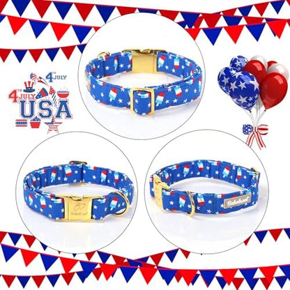 4th of July Dog Collar, Blue Flag Popsicle Patriotic Pet Collar with Metal Buckle, Adjustable Summer Holiday Dog Collars for Small Medium Large Dogs XL