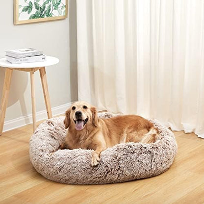 Bedfolks Calming Fluffy Donut Dog Bed for Large Dogs,Brown, 36" Round