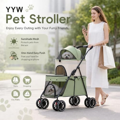 YYW Double Pet Stroller Foldable 2 Carriages Lockable Wheels Green Beige