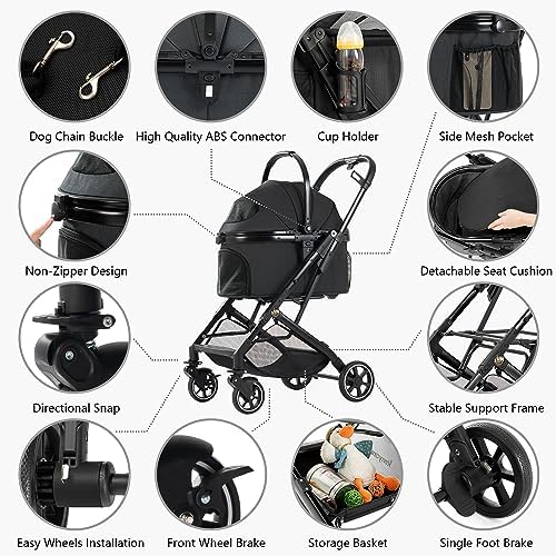 Kenyone 3-in-1 Pet Stroller for Small Medium Dogs Puppy Cat Stroller with Detachable Carrier & Pad Lightweight Foldable Aluminum Alloy Frame Dual No-Zip Entry(Black)