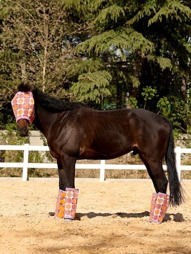 Tackmore Horse Fly Mask Without Ears, Breathable Structured Mesh for Horses, Soft Fleece Edging, UV Protection, Printed Turnout Mask for Pasture-Orange Circles XL