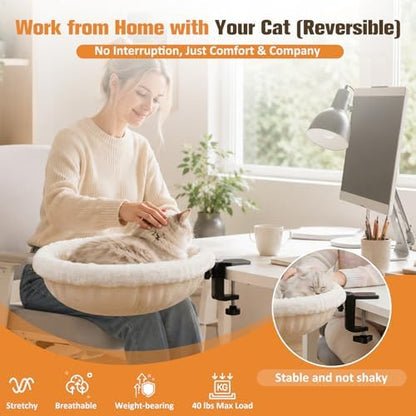 Cat Desk Bed Clamp On, 360 Swivel Faux Fur Perch, Beige