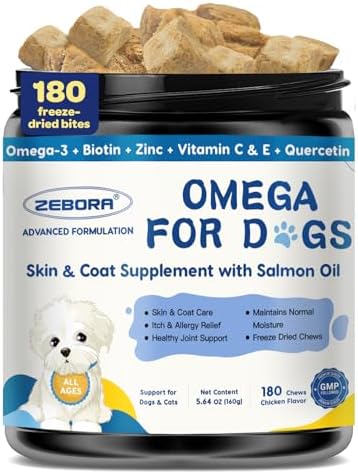 ZEBORA Omega 3 Salmon Fish Oil for Dogs Skin and Coat, 180 Chicken Chews