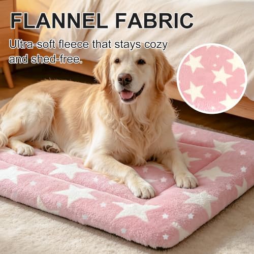 Dog Bed Mat, Reversible Crate Pad & Durable Dog Bed - Machine Washable Kennel Mat with Ultra Soft for Large Dogs (Big&Small Stars Pink, 35" L*23" W*1.5" Th)