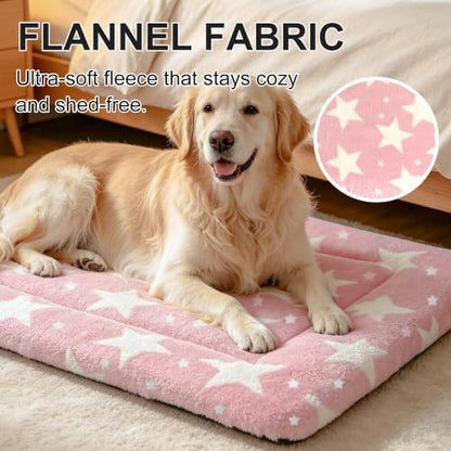 Dog Bed Mat, Reversible Crate Pad & Durable Dog Bed - Machine Washable Kennel Mat with Ultra Soft for Large Dogs (Big&Small Stars Pink, 35" L*23" W*1.5" Th)