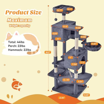 Large 66 Inch Cat Tree Tower with Sisal Scratching Post