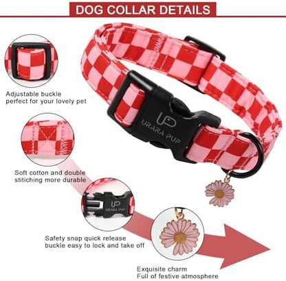 Red and Pink Plaid Dog Collarwith Bow Tie– Adjustable Red & Pink Checkered Dog Collar for Small Medium Large Dogs, Soft Xmas Plaid Puppy Collars with Quick Release Buckle S
