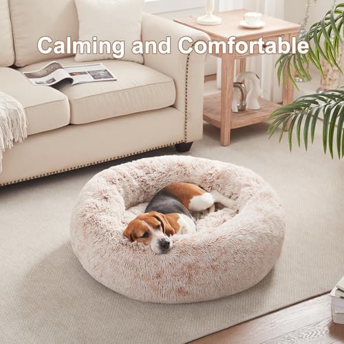 33 in Faux Fur Fluffy Donut Dog Bed for Medium Plus Dogs,Brown