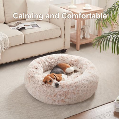 33 in Faux Fur Fluffy Donut Dog Bed for Medium Plus Dogs,Brown