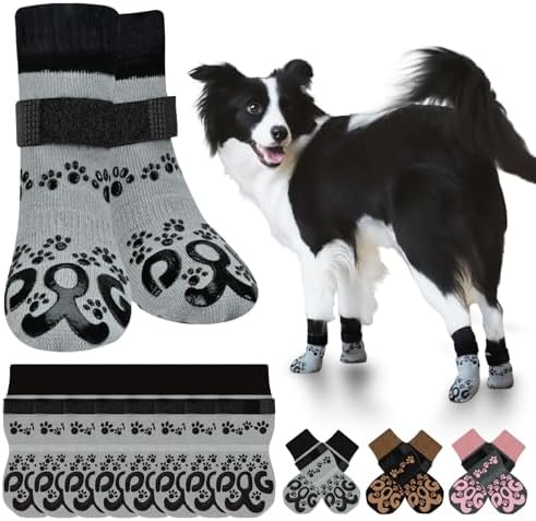8Pcs Dog Socks for Outside - Double Side Dog Boots & Paw Protectors, Toe Grip Sock, No Twist Dogs Grippy Socks for Senior Dogs, Light Grey and Black, S