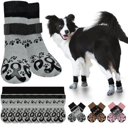 8Pcs Dog Socks for Outside - Double Side Dog Boots & Paw Protectors, Toe Grip Sock, No Twist Dogs Grippy Socks for Senior Dogs, Light Grey and Black, S