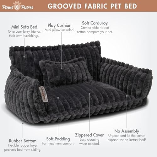 Grooved Pet Bed for Small to Medium Dogs or Cats, Soft Ribbed Corduroy-Style Polyester Fabric, Supportive Bolsters, Removable Cover, Non-Slip Base, Sofa Pet Lounger with Mini Play Cushion, Dark Gray