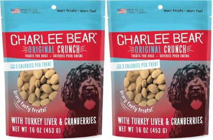 Charlee Bear Original Crunch Dog Treats,Turkey Liver and Cranberries Resealable Bag,Low Calorie Training Treats for Dogs,Limited Ingredient,Healthy,Crunchy Dog Snacks,Made in USA,16 Ounce (Pack of 2)