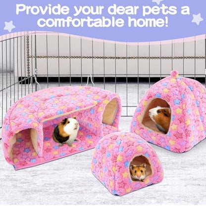 MABOZOO 3 Pack Guinea Pig House Accessories, 2 Cozy Guinea Pig Bed and Hideout Tunnel, Chinchillas Hideout for Hamster, Rabbit, Bunny, Chinchillas (Pink, L)