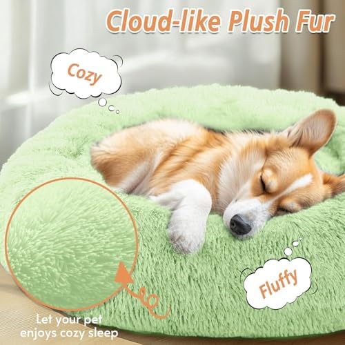 JOLLYVOGUE Calming Dog Bed for Small Dogs - 23 inches Donut Washable Small Dog Bed for Kittens & Puppies, Anti-Slip Round Fluffy Plush Faux Fur Cat Beds (Fits up to 25 lbs Pets, Light Green)