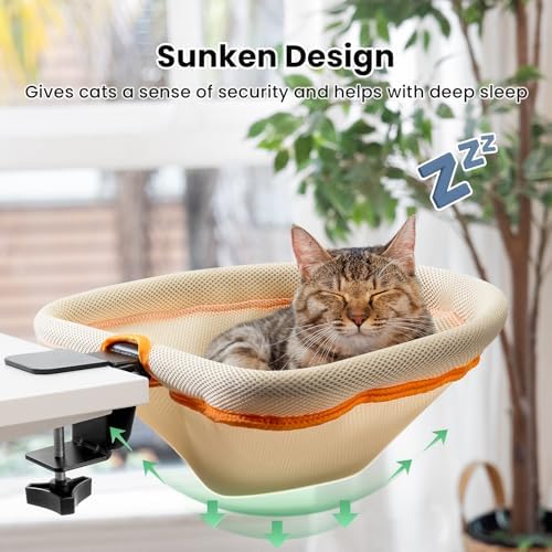 JUNSPOW Cat Desk Bed One-Click Folding, Maximum Holds 40lb, Cream Mesh