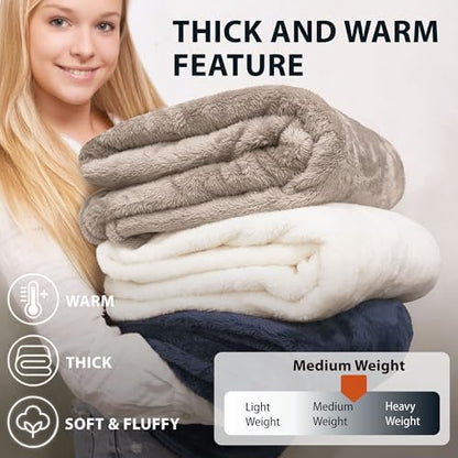 DEZ FURNISHINGS Ultra Soft Plush Fleece Throw Blanket, Double Sided Cozy Thick Warm Blanket for Sofa & Bed, Queen (90" x 92"), Beige