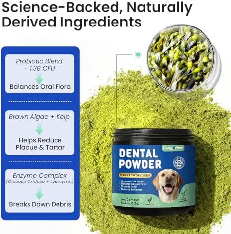 Dog & Cat Teeth Cleaning Powder: Plaque & Tartar Control with Brown Algae, Kelp, Probiotics (1.3B CFU), Sodium Hexametaphosphate & Enzymes – Freshens Breath – Chicken Flavor, 64 Scoops