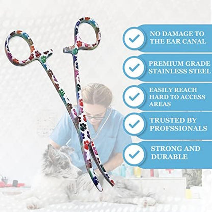 Dog Pet Ear/Nose Hair Puller Grooming Hemostat Locking Forceps Curved Pliers, 5.5" (14cm) Full Serrated Clamps Stainless Steel (White Multi Paws)