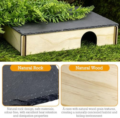 PINVNBY Large Bearded Dragon Basking Platform, Wooden Snake Hide, Ball Pythons Hide with Slate Rock, Leopard Gecko Tank Accessories for Crested Gecko Chameleon Turtles (XL: 15.7x9.84x2.76 inches)