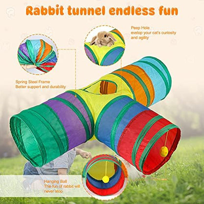BWOGUE Bunny Tunnels & Tubes, 3-Way Collapsible Rabbit Hideout for Bunnies