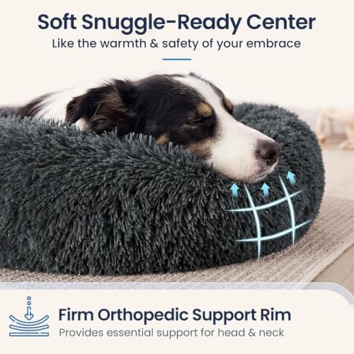JOLLYVOGUE Calming Washable Dog Bed Medium Size Dog, 31 Inch Donut Medium Dog Bed with Removable Cover, Anti-Slip Round Fluffy Faux Fur Bed, Fits up to 45 lbs Pets, Dark Grey