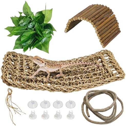 kathson Bearded Dragon Hammock Reptile Hideout Wooden Bridge Jungle Climber Vines Flexible Reptile Leaves with Suction Cups Reptile Habitat Decor for Chameleon, Lizards, Gecko, Snakes Climbing Hiding