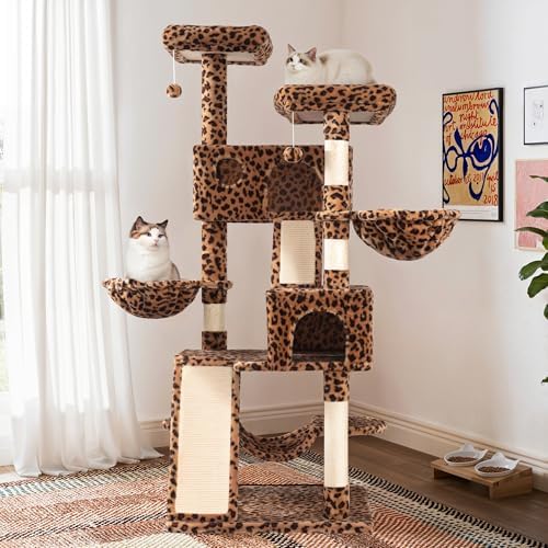 SHA CERLIN 65in Larger Cat Tree Tower Condo for Indoor Kitties/Multi-Level Furniture Activity Center with Wide Base/Cozy Plush Cat Perches/Baskets/Sisal Scratching Posts and Hammock/Leopard Print