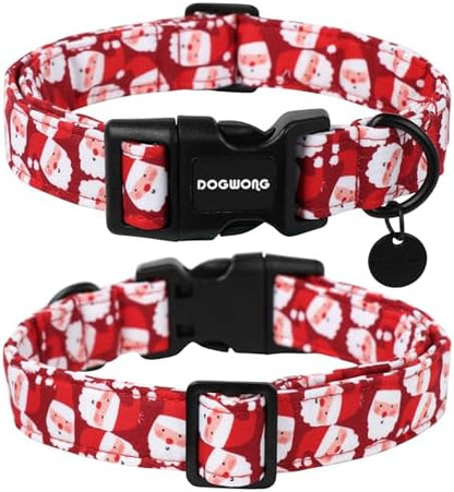 DOGWONG Christmas Cotton Dog Collar, Red Santa Claus Dog Collar Durable Holiday Pet Dog Collars Cute Puppy Necklace for Small Dogs