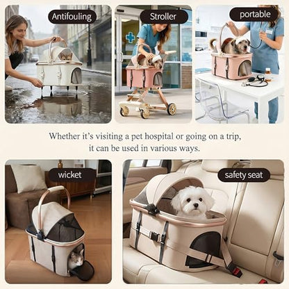 All-Terrain Pet Stroller for Small Medium Dogs & Cats, 20 lbs Capacity - Portable Carrier with One-Touch Brake, Lightweight Foldable Design & Shock Absorption Wheels,Khaki