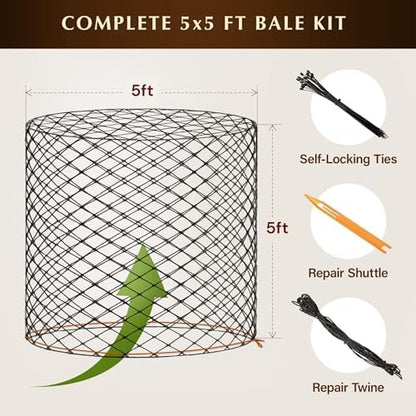 5x5 ft Round Bale Hay Net for Horses – 2 Inch Hole Slow Feeder – 4x4 and 6x6 Sizes Also Available – Knotless Mesh Design – Easy to Put On Over Bales – Built for Everyday Horse Feeding