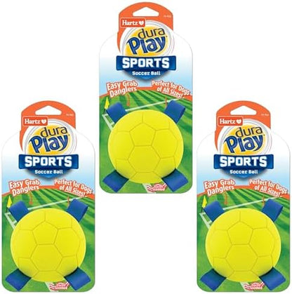 Hartz Dura Play Sports Soccer Dog Toy, Bacon Scented Squeaky Latex Yellow & Blue Toy, 3 Count