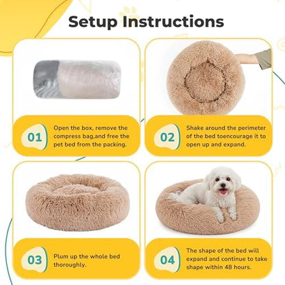 Soft Round Dog & Cat Bed, Anti-Anxiety Donut Cuddler with Anti-Slip Bottom Cozy Fluffy Pet Bed for Medium Large Dogs and Cats, 30inch, Brown