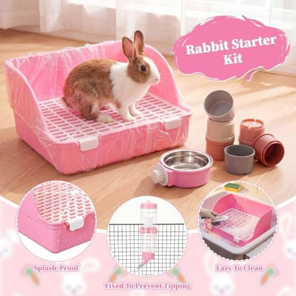 34 Pcs Rabbit Starter Kit Rabbit Litter Box Small Animal Water Bottle Cups Bunny Tunnels Animal Grooming Kit Bowl Blanket with Cleaning Set for Guinea Pig Bunny Accessories (Style 2,Pink)