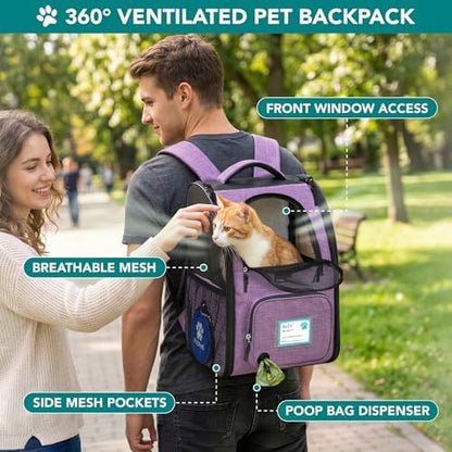 PetAmi Expandable Dog Backpack Carrier for Cats & Pets, Breathable Cat Carrier Backpack with Top Window & Multi-Entry, Ventilated Foldable Travel Carrier for Small Medium Pets up to 18 lbs, Purple