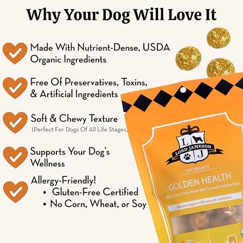 Lord Jameson Golden Health Soft & Chewy Organic Dog Treats - Anti-Inflammatory Tumeric & Flax Seed - No-Bake Recipe - Gluten-Free, Preservative-Free, USDA Certified Organic - Made In USA 6 oz