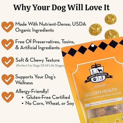 Lord Jameson Golden Health Soft & Chewy Organic Dog Treats - Anti-Inflammatory Tumeric & Flax Seed - No-Bake Recipe - Gluten-Free, Preservative-Free, USDA Certified Organic - Made In USA 6 oz