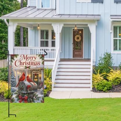 Merry Christmas House Flag 28x40 Inch Cardinal Pair Snowy Mailbox Holly Berry Pinecone Wreath Classic Winter Outdoor Yard Lawn Front Porch Welcome Double Sided Banner Decor