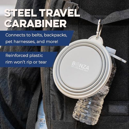 Bonza Collapsible Dog Bowls - 2 Pack, Small 12 oz, Dog Travel Accessories, Silicone Portable Dogs Bowl & Water Dish with Reinforced Rim & Carabiner for Hiking, Camping, and Car Trips, Light Gray