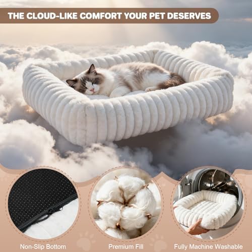 Square Cat Bed Orthopedic Pet Bed with Pillow Super Soft Rabbit Fur Small Dog Beds, Calming Plush Kitten Bed with Removable Washable Cover & Anti-Slip Bottom cat beds for Indoor Cats self Warming