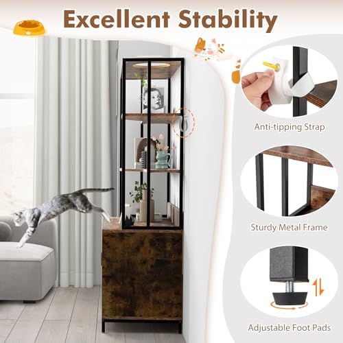 PETSITE Cat Litter Box Furniture with 3 Shelves and Doors, 61 inch Tall Cat Box Enclosure with Display Shelves, Scratching Pad, Indoor Hidden Litter Box with Decorative Storage Shelving (Rustic Brown)