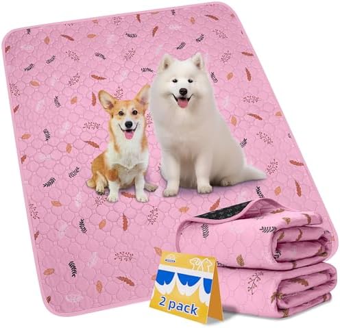 Sunheir Washable Pee Pads for Dogs 2-Pack Reusable Puppy Pads Pet Training Pads, Waterproof Dog Pee Pads for Crate, Whelping Pad, Non-Slip Protects Against Urine Leakage (Leaves - Pink, 18x24)