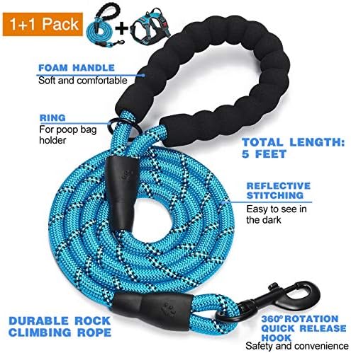 tobeDRI No Pull Dog Harness Adjustable Reflective Oxford Easy Control Medium Large Dog Harness with A Free Heavy Duty 5ft Dog Leash, Blue, L