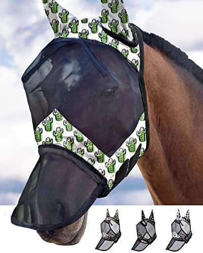 Harrison Howard LumiVista Horse Fly Mask Long Nose with Ears UV Protection for Horse Green Cactus M Cob