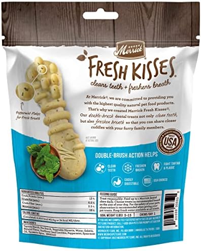 Merrick Fresh Kisses Natural Dental Chews Toothbrush Treat Shape Infused With Real Mint For Tiny Dogs 5-15 Lbs - 20 ct. Bag